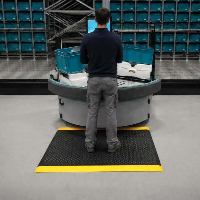 Rebourne W2 anti-fatigue mat in parcel sorting center
