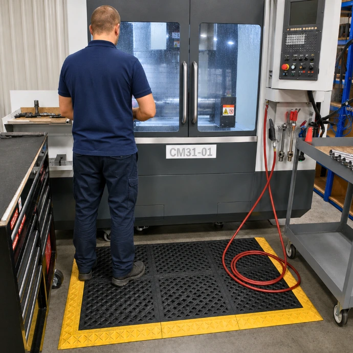Rebourne H2 anti-fatigue mat in front of CNC machine