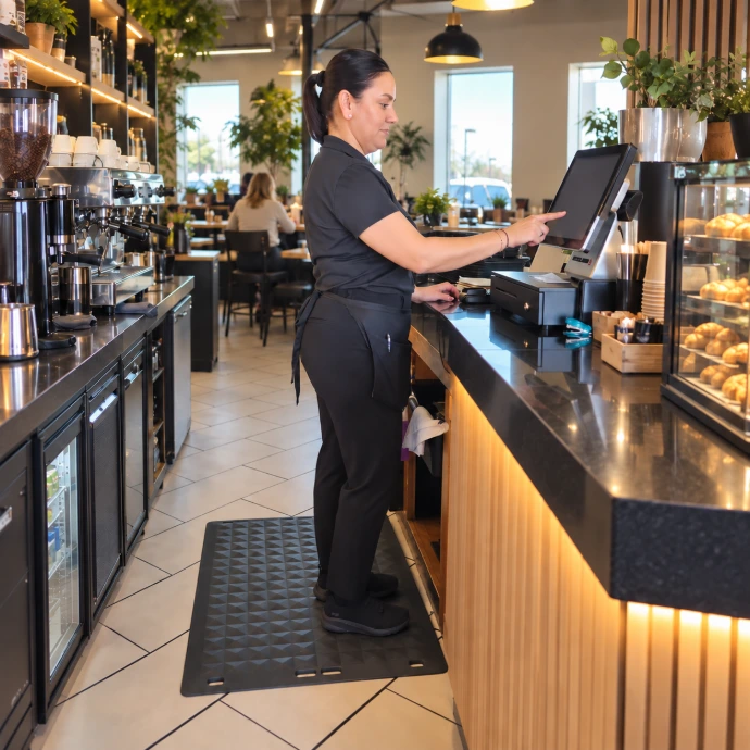 Rebourne F1 antimicrobial anti-fatigue mat behind a coffee counter